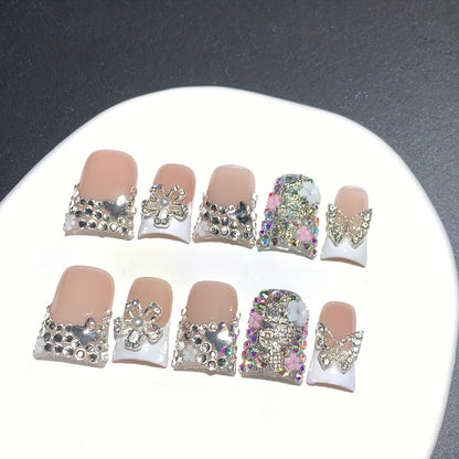 Press On Nails 10-Piece Duckbill Acrylic Set with White French, Floral and AB Shimmer Designs in S, M or L