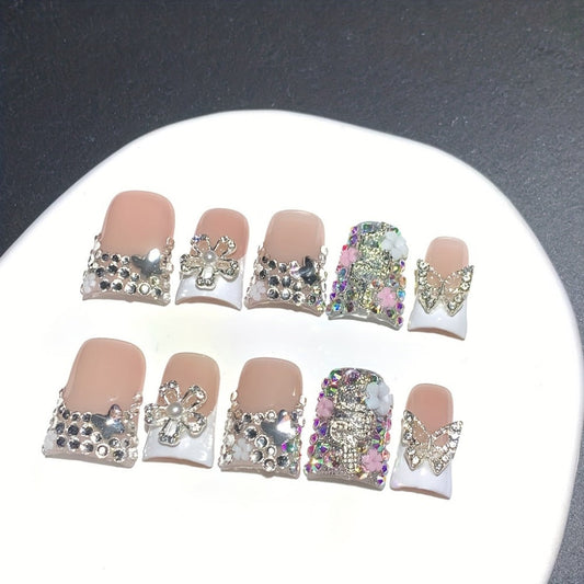 Press On Nails 10-Piece Duckbill Acrylic Set with White French, Floral and AB Shimmer Designs in S, M or L