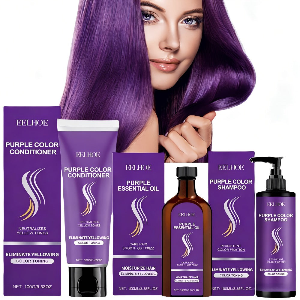 Three-Piece Purple Hair Care Set with Shampoo, Conditioner and Coordinated Argan Oil Bottle