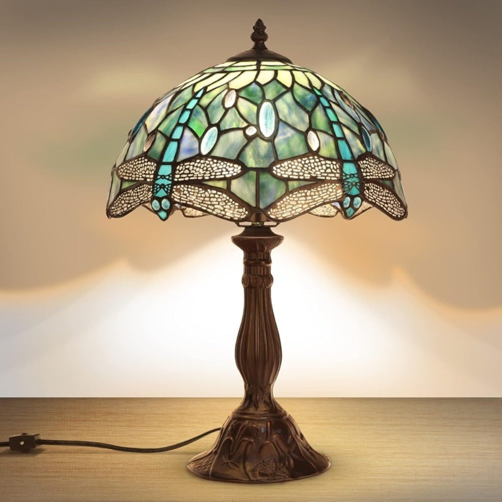 Table Lamp with Dragonfly-Motif Stained Glass Shade, 18-Inch Metal Base and Single Corded Tiffany-Style Design