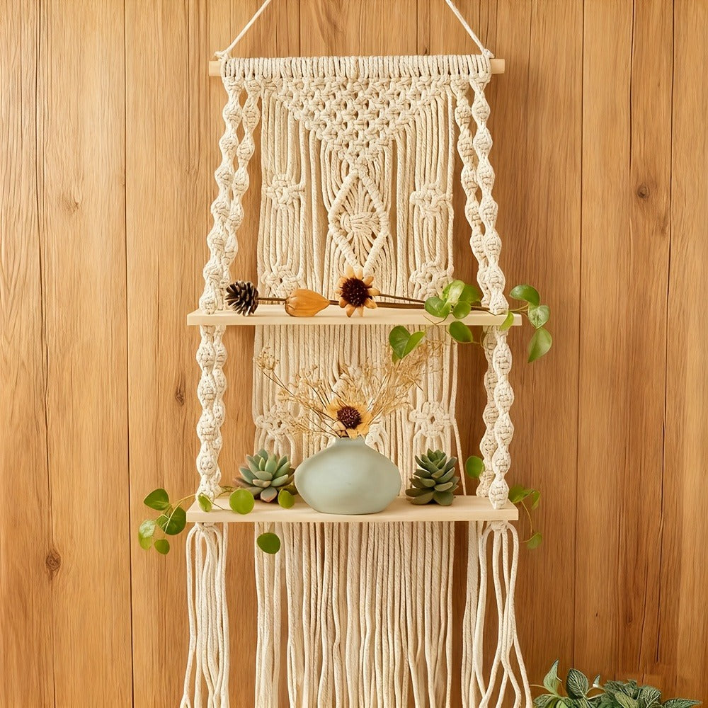 Macrame Wall Hanging with Tassel, Boho Woven Wall Decor for Living Room Bedroom Balcony, Two-Layer Lace Plant Hanger for Photo Frames & Small Plants – Bohemian Home Decor Wall Art