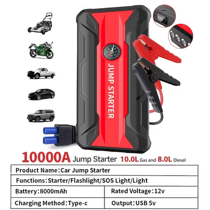10000A Car Jump Starter with 12V Clamps, LED Light and Optional Integrated Air Pump in Red, Green or Gray