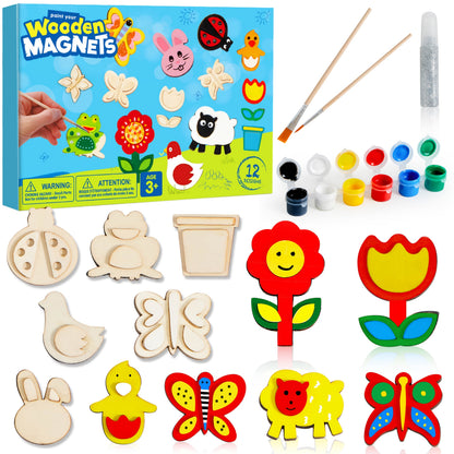 Wooden Magnet Painting Craft Kit, 12-Piece Nature Shape Set with Six Paint Tubs, Brushes and Glitter Pen