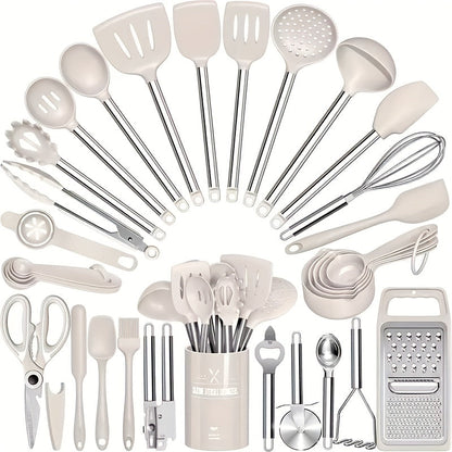Silicone Cooking Utensils Set 34 Piece with Stainless Steel Handle, Heat Resistant Kitchen Gadgets Tools for Nonstick Cookware, Spatulas Spoons Tongs Whisk Complete Kitchen Accessories Gift Set