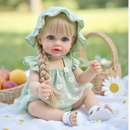 Reborn Baby Doll 22-Inch Full Vinyl Design with Long Blonde Hair, Open Eyes, Green Outfit and Accessories
