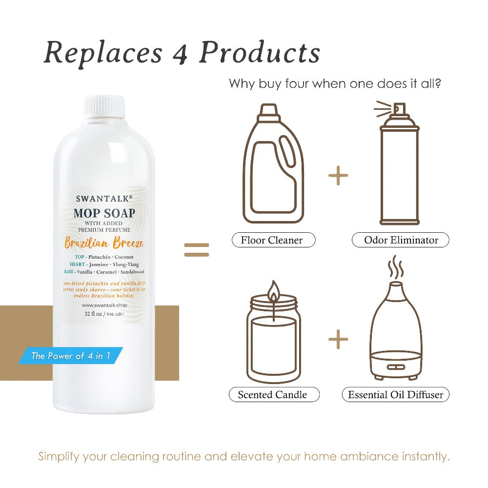 Concentrated Floor Cleaner 4X Formula 32 fl oz, SWANTALK Mop Soap Multi-Surface Streak-Free Floor Wash, Perfume-Inspired Deodorizing Cleaner, Pet Friendly – Brazilian Breeze, Island Coconut, Pacific Linen