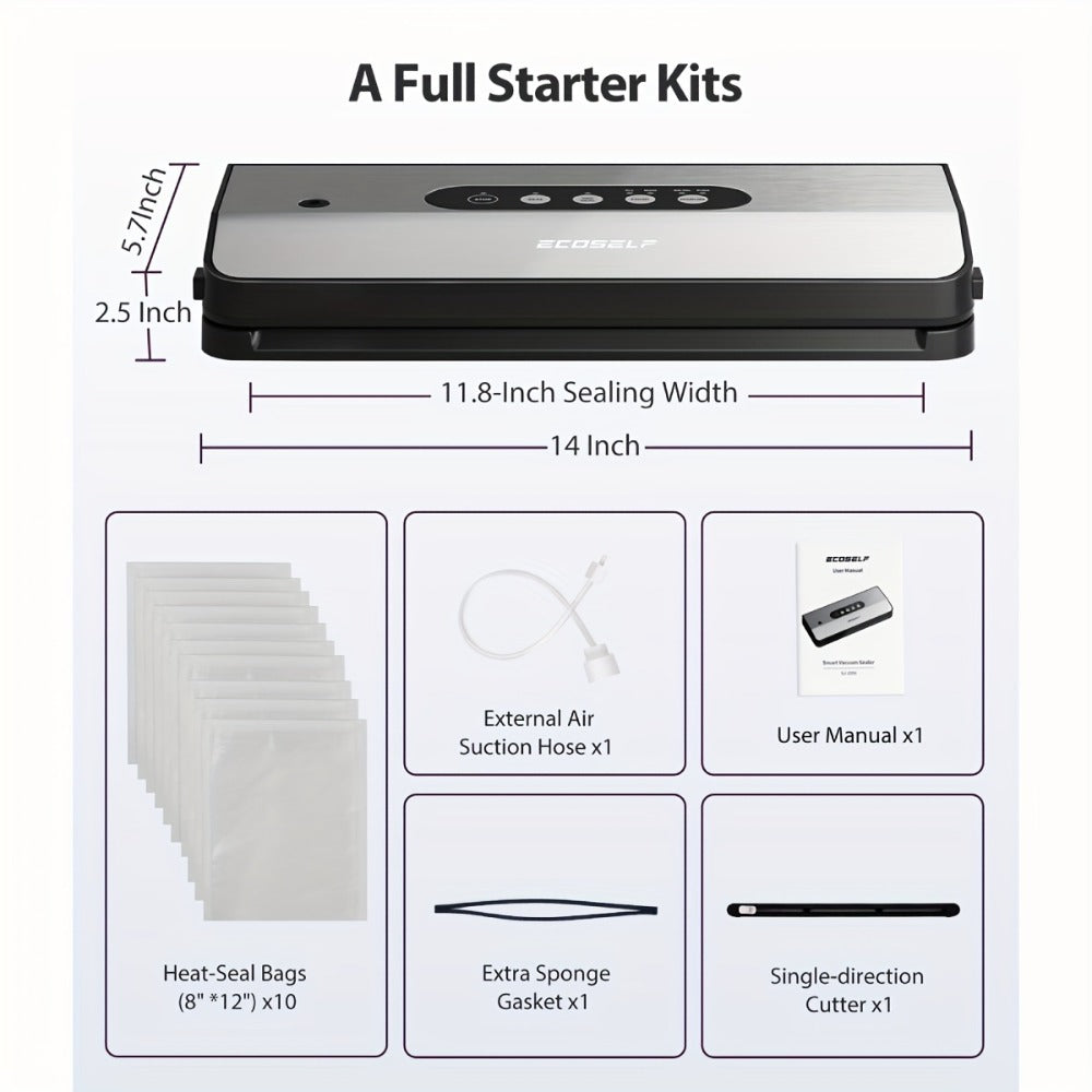 SJ2090 65KPa Vacuum Sealer with Dry, Moist, Pulse and Canister Modes, Cutter, Hose and 10 Bags