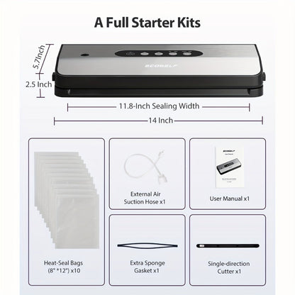 SJ2090 65KPa Vacuum Sealer with Dry, Moist, Pulse and Canister Modes, Cutter, Hose and 10 Bags