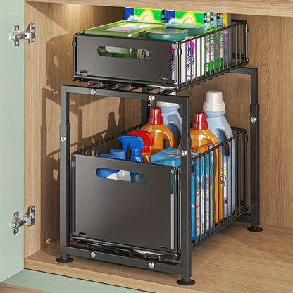 Two-Tier Under-Sink Cabinet Organizer with Sliding Metal Baskets in One- or Two-Piece Options