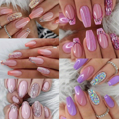 Glitter Sequin Press On Nails 120pcs Coffin Medium Length 5 Packs – Sparkling Pinkish Purple Glossy Full Cover False Nails | Glamorous Nail Art Kit for Women | Party Wedding Bridal Manicure Set