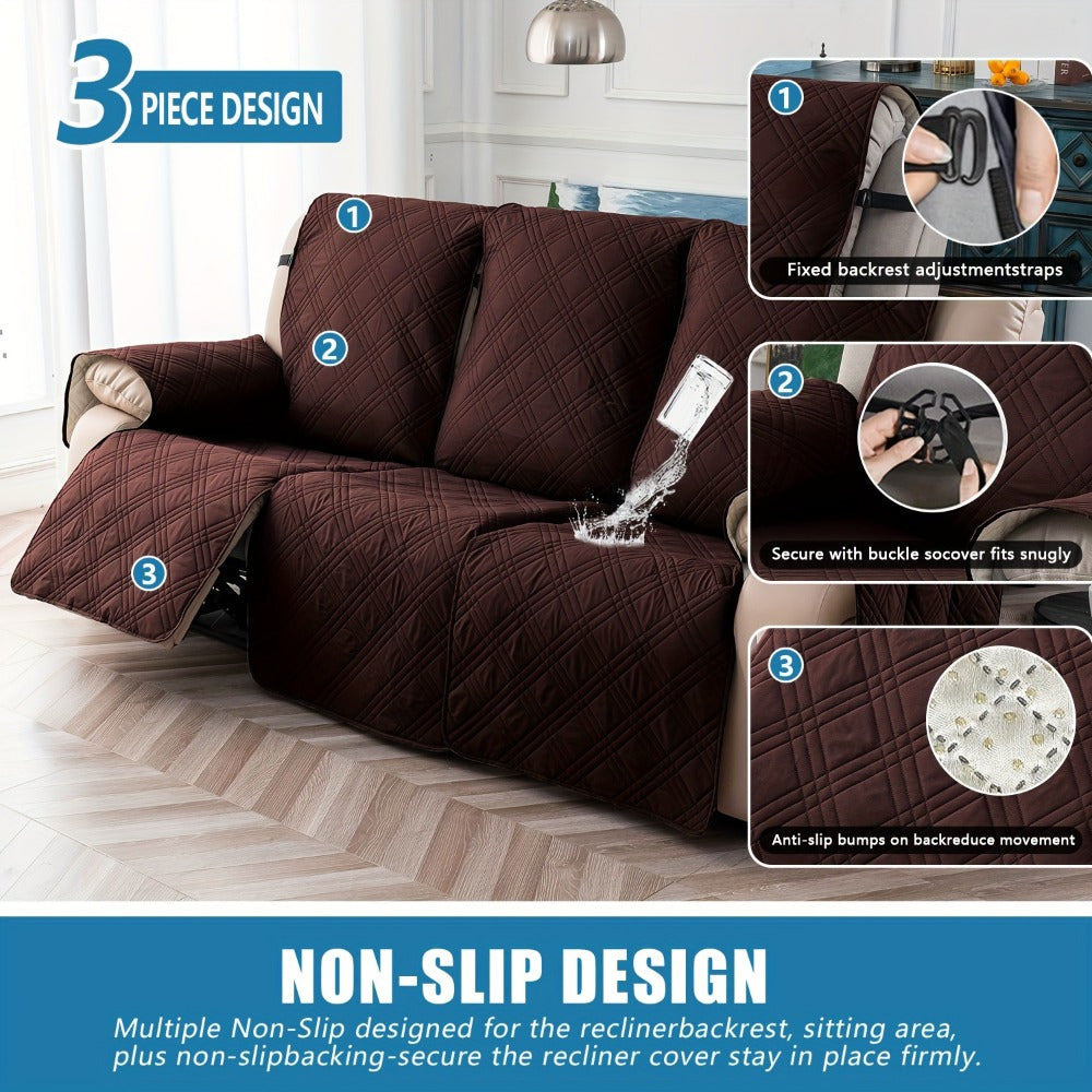 Waterproof Recliner Slipcover 3pcs Set | Non-Slip Quilted Elastic Recliner Chair Cover, Furniture Protector for Living Room Bedroom Office, 8 Colors