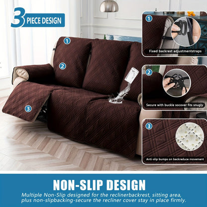 Waterproof Recliner Slipcover 3pcs Set | Non-Slip Quilted Elastic Recliner Chair Cover, Furniture Protector for Living Room Bedroom Office, 8 Colors