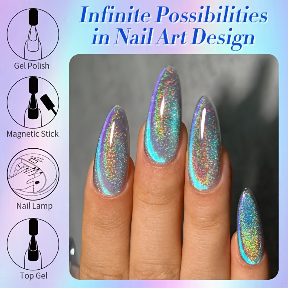 Gel Nail Polish in 10ml 9D Holographic Rainbow Cat-Eye with Magnetic Swirl and UV/LED Cure