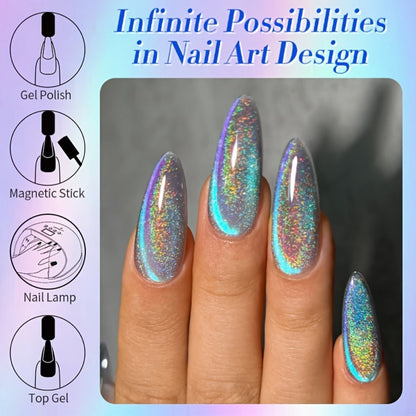 Gel Nail Polish in 10ml 9D Holographic Rainbow Cat-Eye with Magnetic Swirl and UV/LED Cure