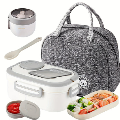 Two-Layer Bento Box Set with Multiple Compartments, Cup, Carry Bag, Cutlery and Sauce Container