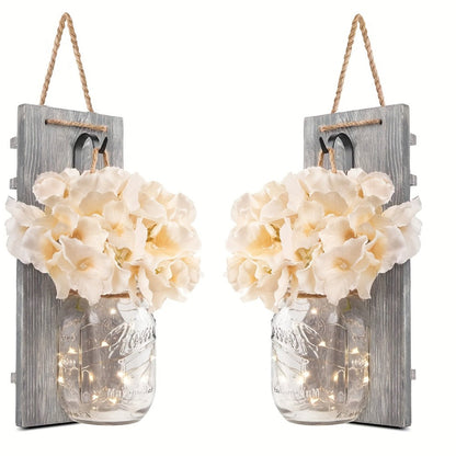 Mason Jar Wall Sconces Set of 2 - Rustic Farmhouse Wall Decor with Ivory Hydrangea Flowers, Warm White Light Fixture for Living Room Bedroom Kitchen Bathroom