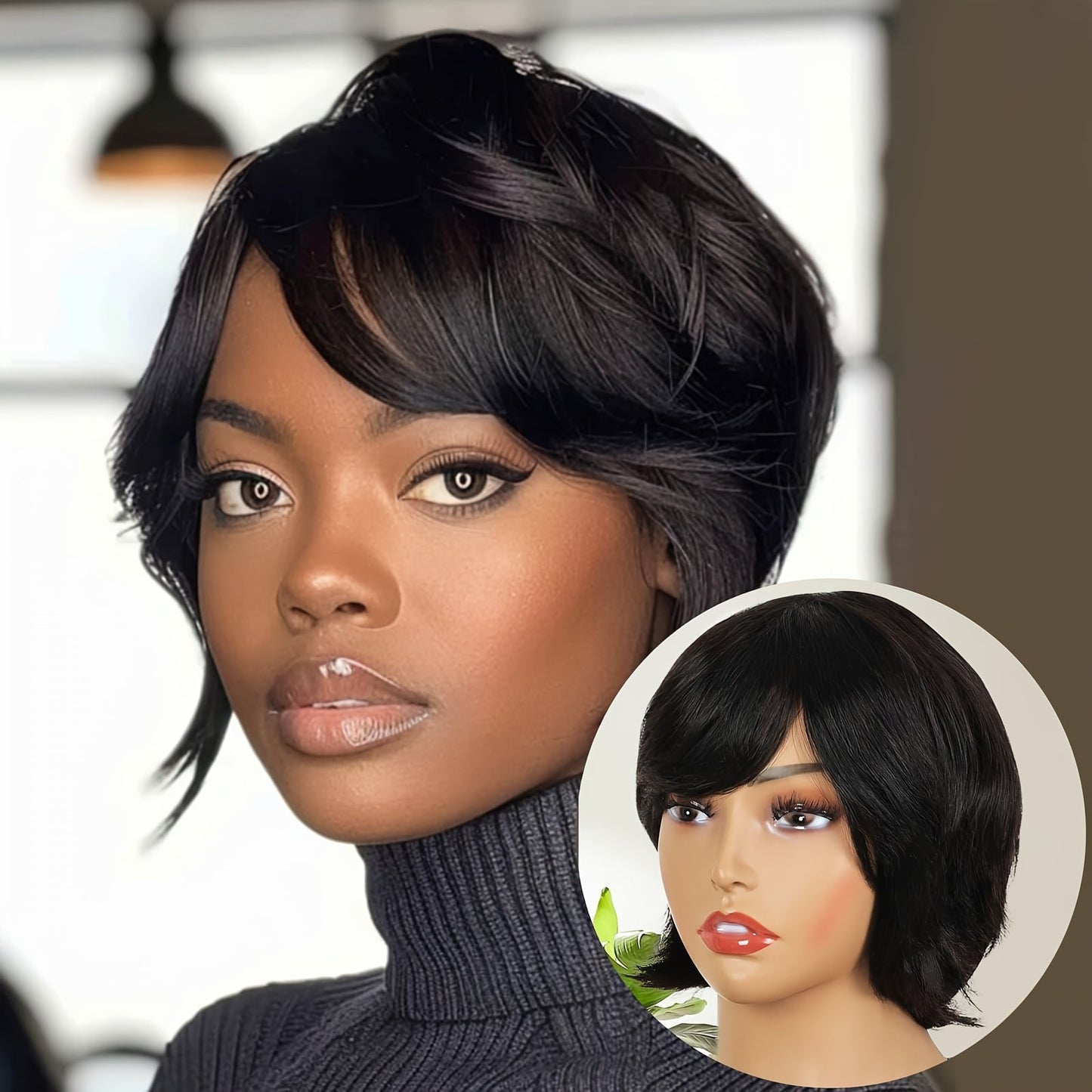 8-Inch Curly Pixie Bob Human Hair Wig in Black with Bangs, 150% Density and Machine-Made Cap