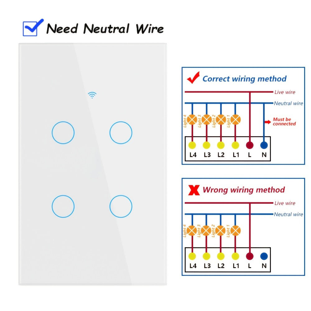 White Glass WiFi and Bluetooth Touch Wall Switch with One- to Four-Gang US-Style Options and Neutral-Wire Wiring