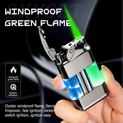 Green Flame Metal Lighter Windproof – Refillable Butane Gas Lighter with Adjustable Flame, Fuel Window & Rocker Arm Ignition, Cool Multifunctional Lighter for Outdoor Camping BBQ Cigars (No Butane)