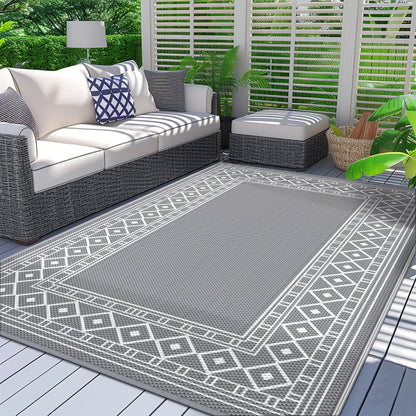 Reversible Outdoor Rug in Multiple Geometric, Border and Leaf Patterns with Displayed Sizes from 5 x 8 to 9 x 12 Feet