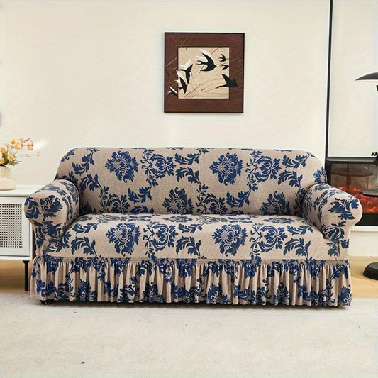 Sofa Slipcover, Dark Blue Stretch Cover with Ruffle Skirt, Fixed Rod and One-to-Four-Seat Options