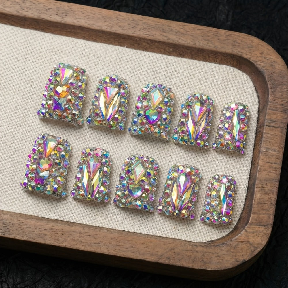 Press On Nails 10-Piece Short Duckbill Set with Glossy Mixed Colors, AB Crystals and Gel Adhesive Tabs