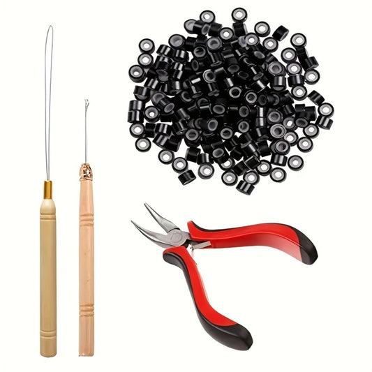 Micro Ring Hair Extension Tools Kit 1500 Rings — Complete Set with Plier, Crochet Hook, Needles, Threader, Rubber Bands, Clips, Heat Shield Guards & Sewing Thread for Salon & DIY Styling