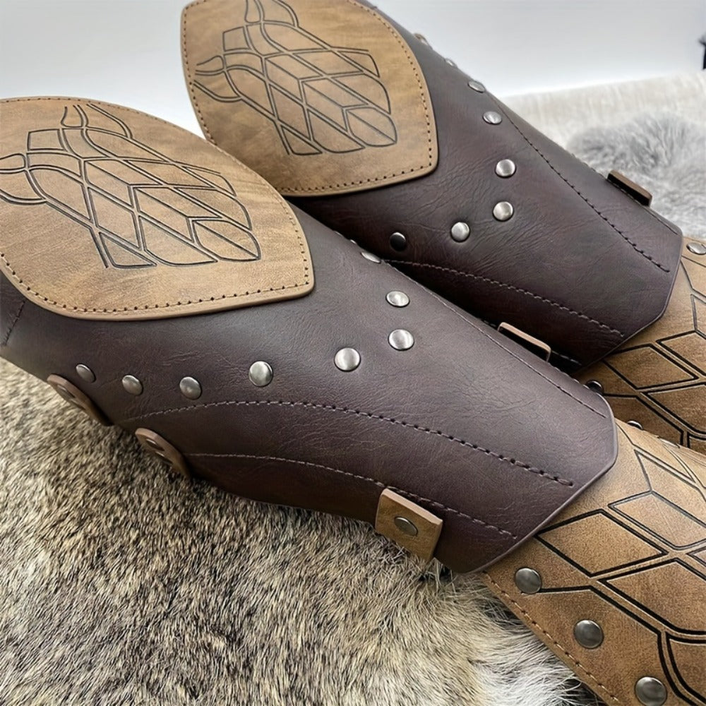 Costume Accessories 2-Piece Embossed Faux Leather Arm Guards with Buckle Straps in Black for Themed Events