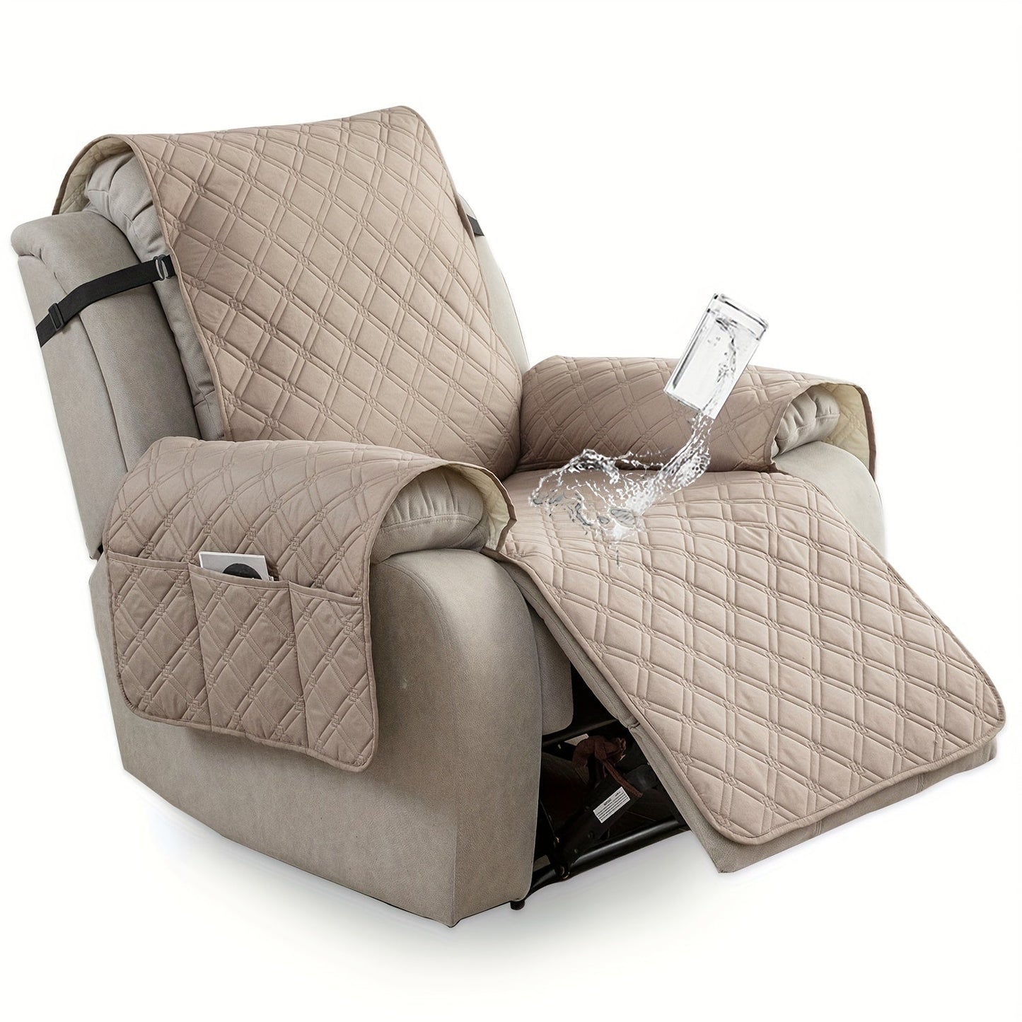 Quilted One-Piece Recliner Chair Cover with Side Pockets, Back Buckle Strap and 11 Color Options