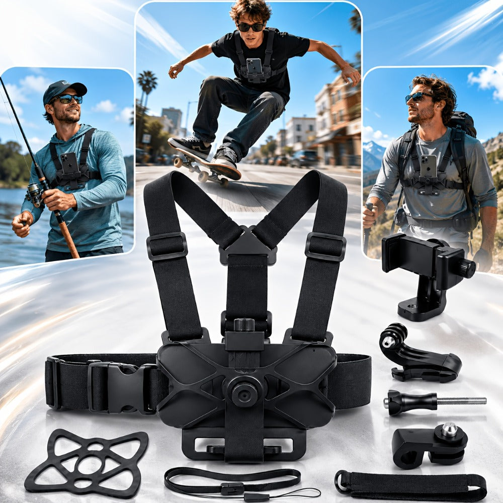 Adjustable Chest Camera Mount Harness with Six Black Checkout Styles and One-Size Strap Configuration