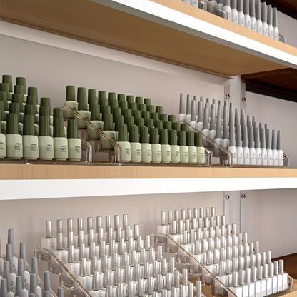 Four-Tier Transparent Nail Polish Organizer with Stepped Rows, Side Panels and Countertop Display Design