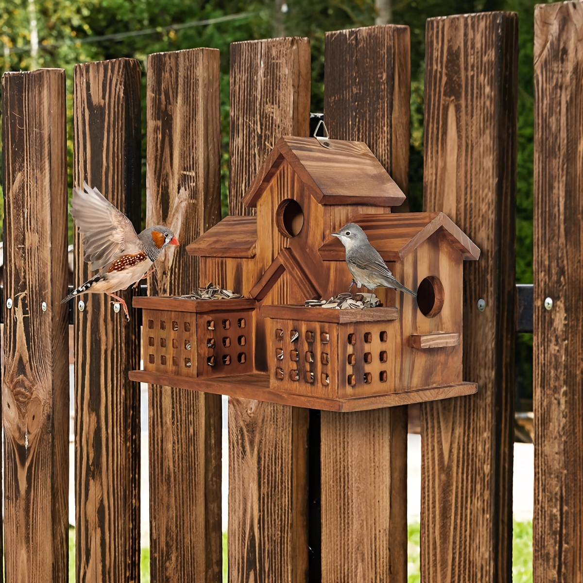Three-Opening Wooden Birdhouse with Raised Center Roof, Twin Perched Side Trays and Hanging Loop