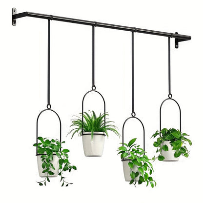Adjustable Black Metal Hanging Plant Rack with Four Pot Holders for Wall or Window Display