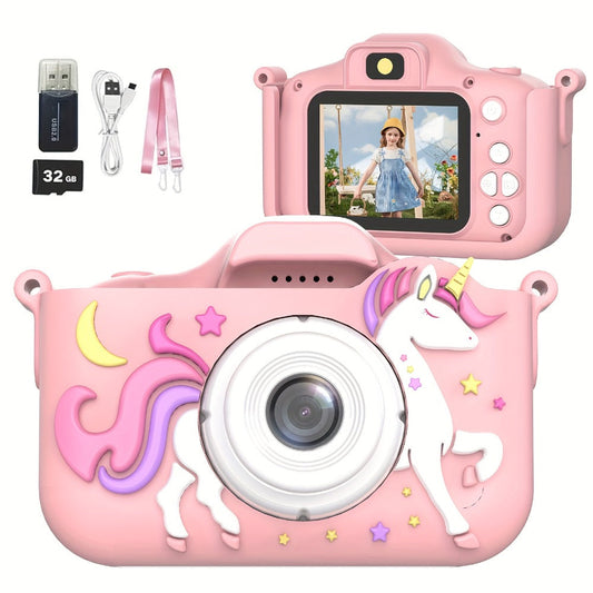 Kids Camera Toy 1080P HD, Digital Camera for Kids with 6 Photo Modes & 32GB Memory, Cartoon Toddler Camera, Birthday Christmas Holiday Gift for Boys & Girls Ages 3-12, Pink, Purple, Blue, Green