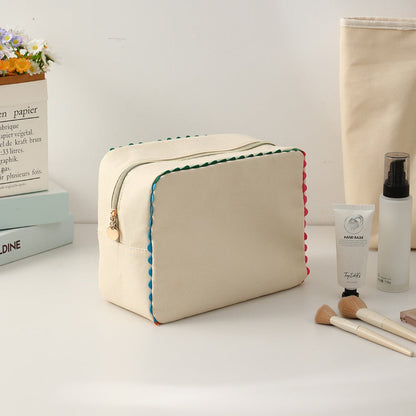 Beige Rectangular Cosmetic Bag with Colorful Edge Trim, Top Zipper and Protected Beige Bag Checkout Label