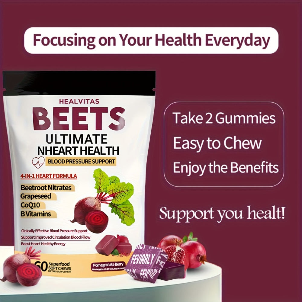 Beetroot Gummies with CoQ10, Grape Seed Extract & Multivitamins — Blood Pressure Support, Heart Health, Circulation & Antioxidant Defense, Chewable Beet Root Supplement for Women & Men, 60-120 Count