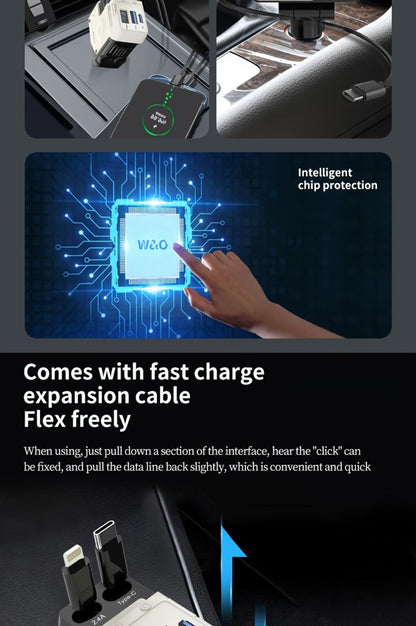120W Fast Car Charger 4-in-1 with Retractable PD 3.0 Type-C Cable & Multi-Port USB Adapter – Short Circuit & Overheat Protection for iPhone Samsung Galaxy S25 Ultra Huawei Android, 4 Colors Available