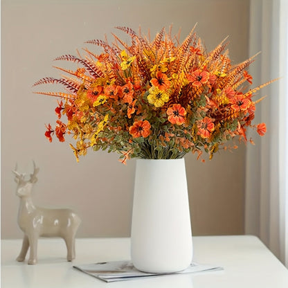 Artificial Autumn Flower Stems, Eight-Piece Set with Four Floral and Foliage Designs in Mixed Colors