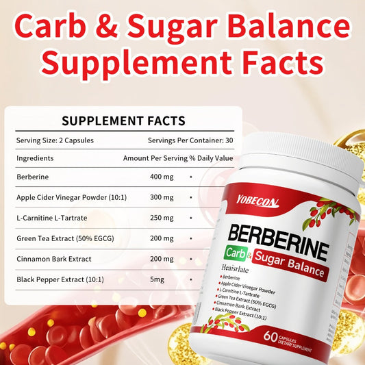 Dietary Supplement Berberine Capsules with Apple Cider Vinegar, Cinnamon and Green Tea, 60 Count