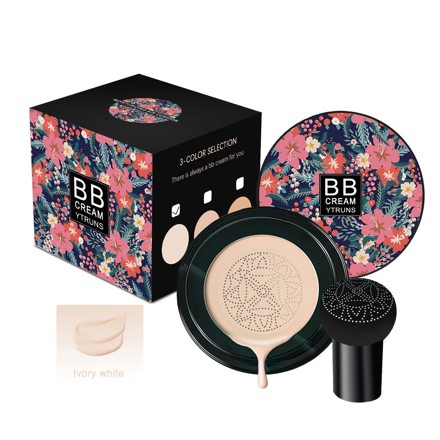 Floral Compact Air Cushion Foundation with Mushroom Puff Applicator and Ivory, Natural or Dark Shades