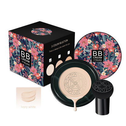 Floral Compact Air Cushion Foundation with Mushroom Puff Applicator and Ivory, Natural or Dark Shades
