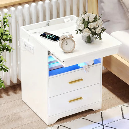 Nightstand Two-Drawer Bedside Table with Lockable Hidden Tray, Charging Station and 16-Color RGB Light