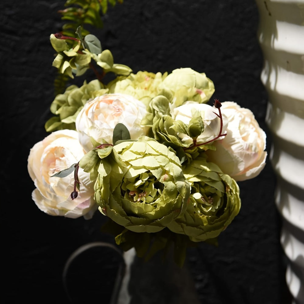 Artificial Flowers Vintage Peony and Hydrangea Bouquet in Beige and Green for Wedding and Home Decor
