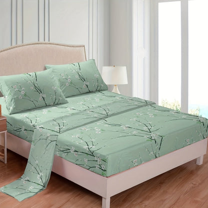 Bed Sheet Set 4-Piece Plum Blossom Floral Polyester with 15-Inch Pocket and Four Color Options