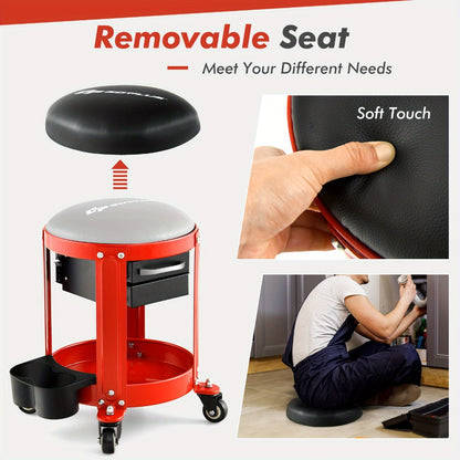 Rolling Workshop Stool with Drawers – 330 lb Mechanic Seat with 2 Storage Drawers, Cup Holders, Tool Tray, Removable Cushion & 4 Swivel Casters for Garage Auto Repair (Black/Red)