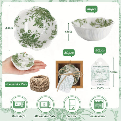 80-Pack 3.3 Inch Green Ceramic Mini Dipping Bowl Favor Set with Cards and Boxes for Weddings