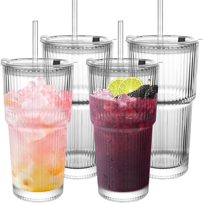Vintage Striped Drinking Glasses with Glass Straws – 19oz High Borosilicate Iced Coffee Cups Set for Juice, Smoothies & Parties, Thick & Durable Glassware Gift Set (2 or 4 Pack)