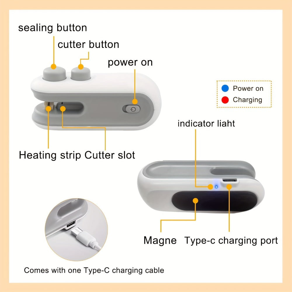 Mini Bag Sealer 2-Pack USB-C Rechargeable 2-in-1 Heat Seal with Cutter – Magnetic Storage Bag Resealer for Plastic Snack Food Bags | Airtight Freshness Keeper Portable Kitchen Gadget White