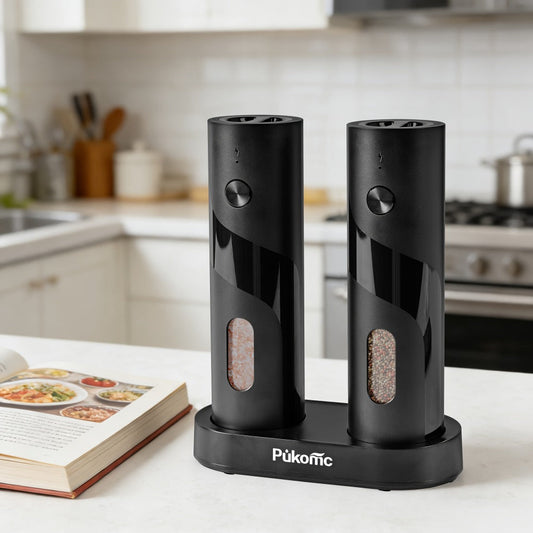 Electric Pepper Grinder Set of 2, Rechargeable with Charging Base, 6 Adjustable Coarseness Settings, Built-in LED Light & ABS Motor — Salt & Pepper Mill for Peppercorns & Spices, Brush Included