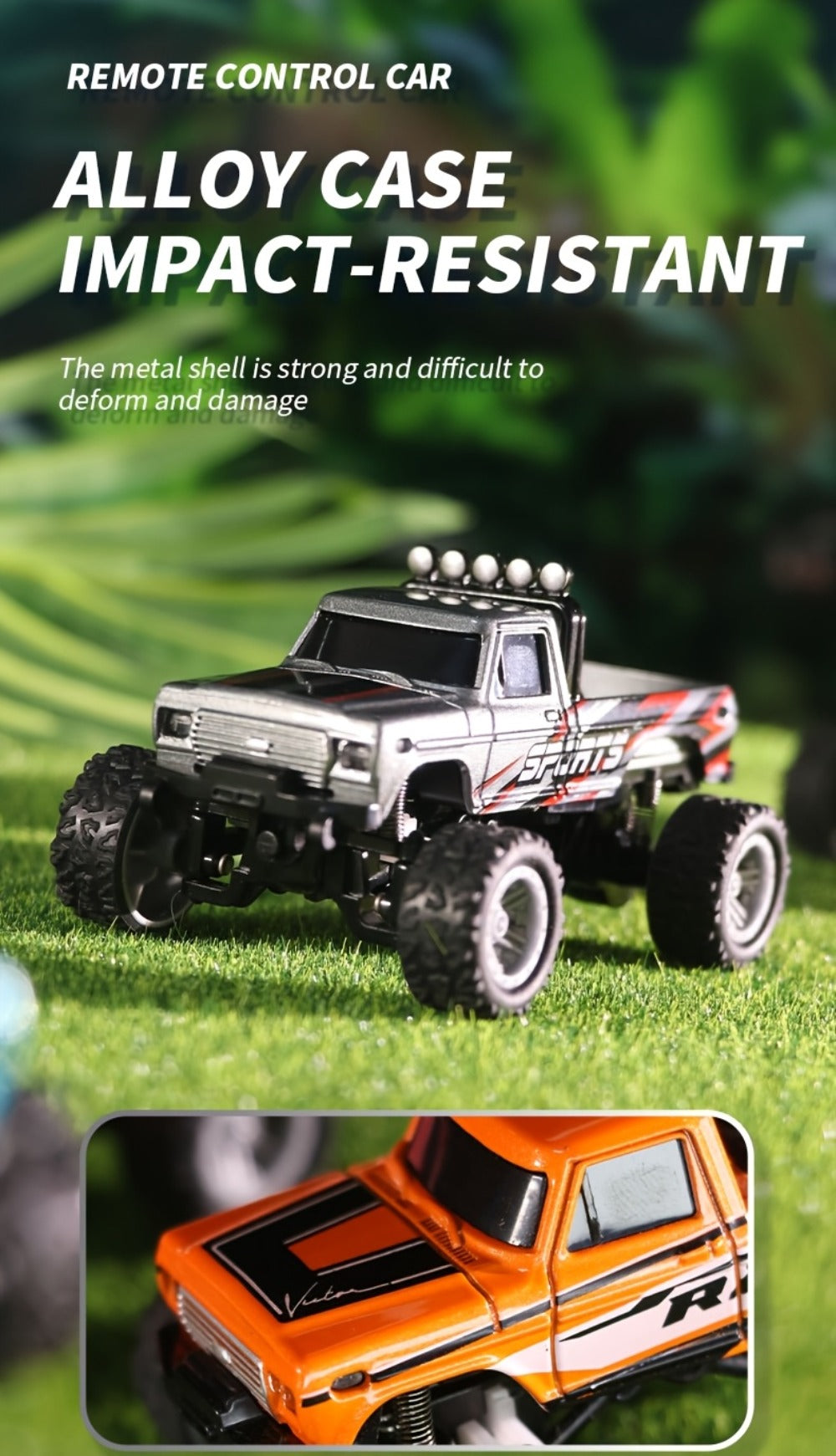 Mini RC Monster Truck 1:64 Scale with Matching Trailer, 2.4GHz Controller, LED Details and Three Color Options